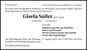 Traueranzeige von Gisela Sailer 