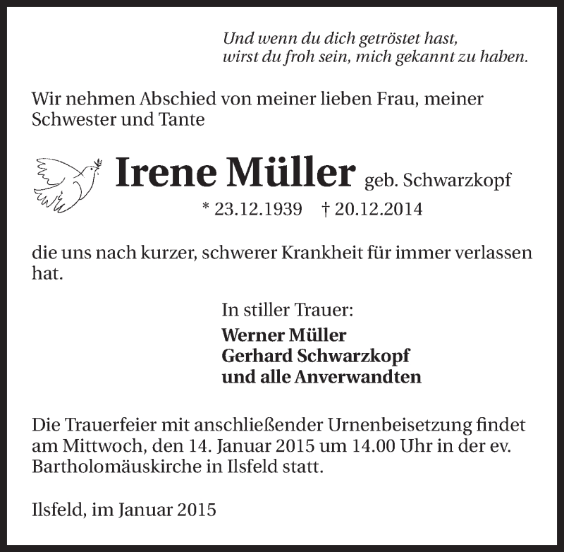  Traueranzeige für Irene Müller vom 10.01.2015 aus 