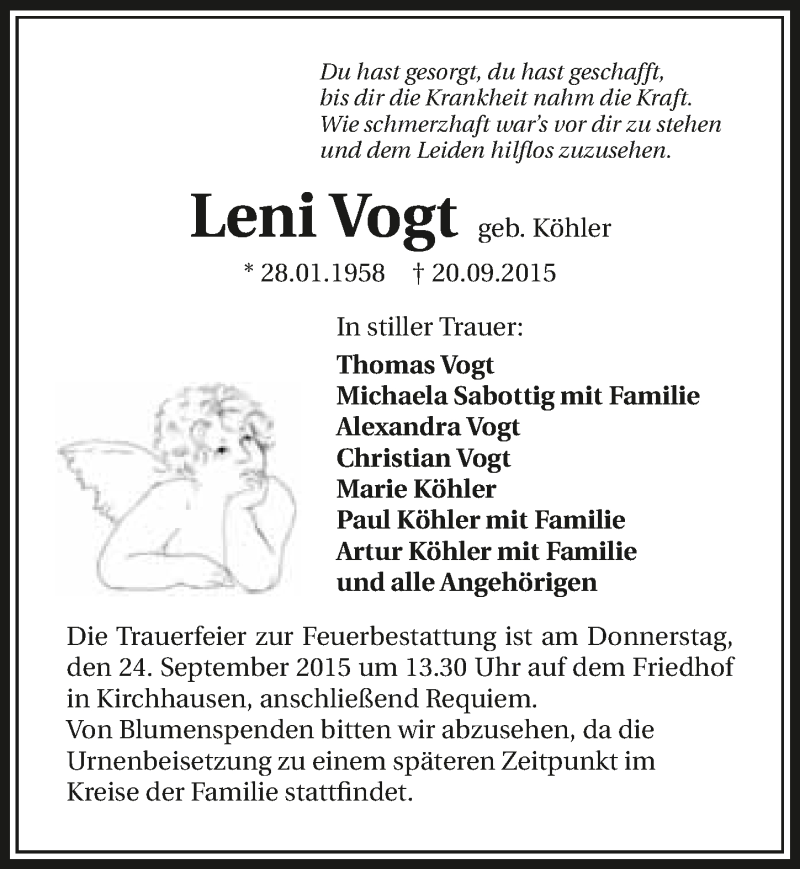  Traueranzeige für Leni Vogt vom 22.09.2015 aus 