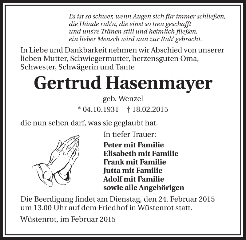  Traueranzeige für Gertrud Hasenmayer vom 21.02.2015 aus 