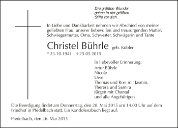 Traueranzeige von Christel Bührle 