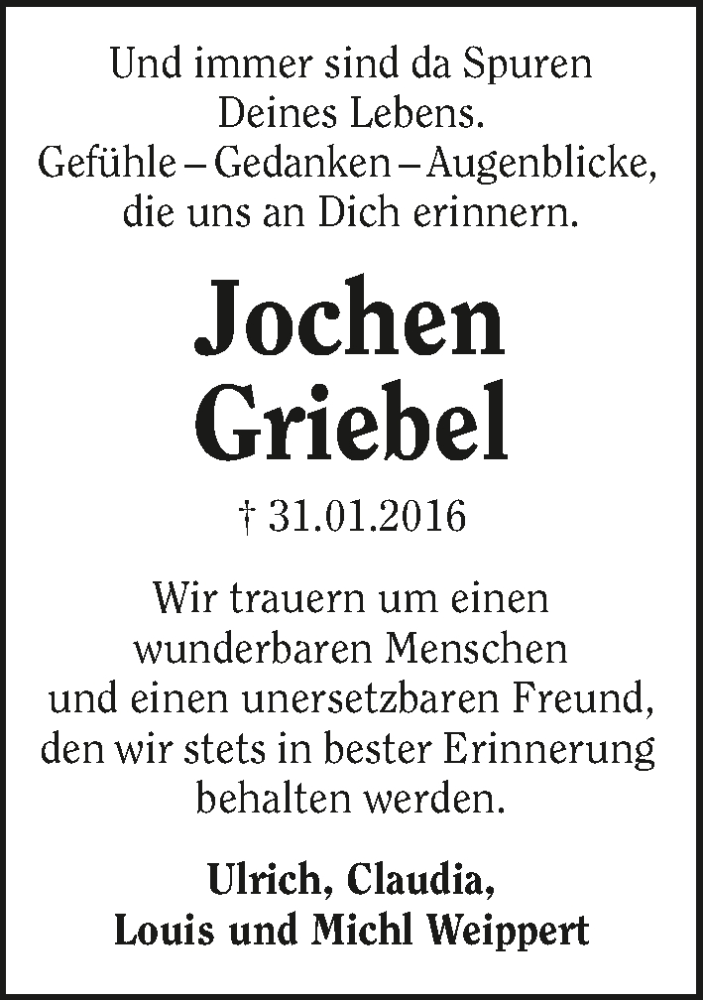  Traueranzeige für Jochen Griebel vom 11.02.2016 aus 