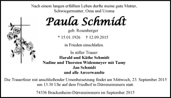 Traueranzeige von Paula Schmidt 