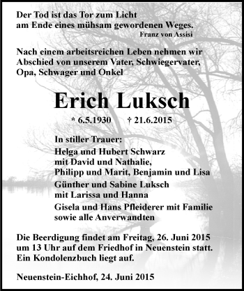 Traueranzeige von Erich Luksch 