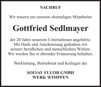 Traueranzeige von Gottfried Sedlmayer 