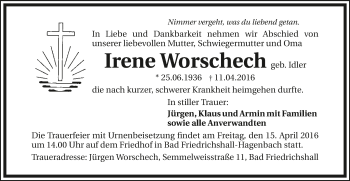 Traueranzeige von Irene Worschech 