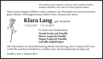 Traueranzeige von Klara Lang 