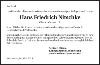 Traueranzeige von Hans Friedrich Nitschke 