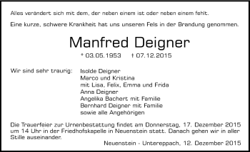 Traueranzeige von Manfred Deigner 