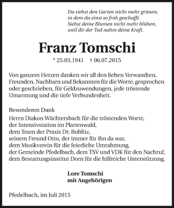 Traueranzeige von Franz Tomschi 