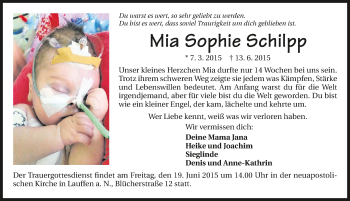 Traueranzeige von Mia Sophie Schilpp 