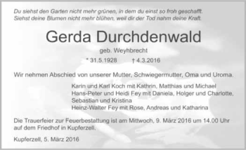 Traueranzeige von Gerda Durchdenwald 