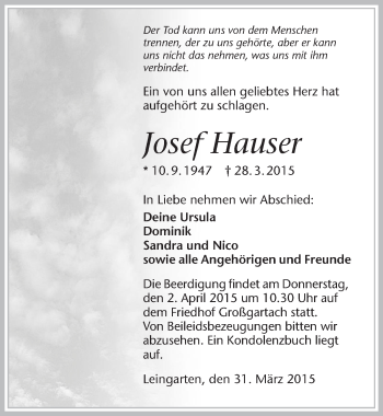 Traueranzeige von Josef Hauser 