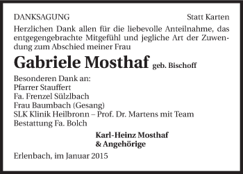 Traueranzeige von Gabriele Mosthaf 