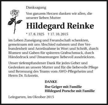 Traueranzeige von Hildegard Reinke 