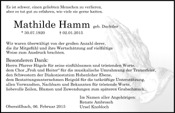 Traueranzeige von Mathilde Hamm 