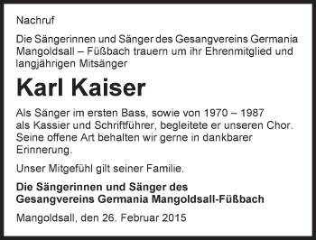 Traueranzeige von Karl Kaiser 