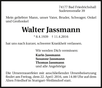 Traueranzeige von Walter Jassmann 