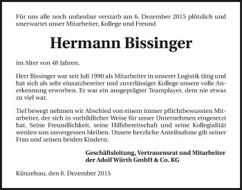 Traueranzeige von Hermann Bissinger 