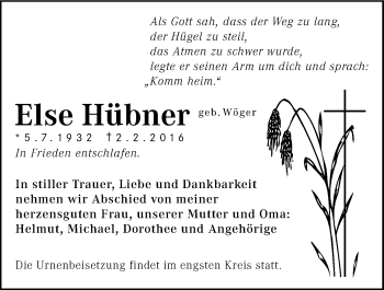 Traueranzeige von Else Hübner 