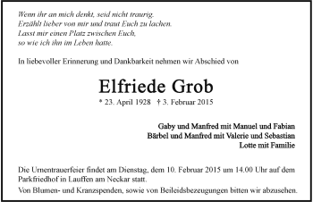 Traueranzeige von Elfriede Grob 