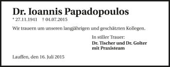 Traueranzeige von Ioannis Papadopoulos 