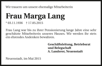 Traueranzeige von Marga Lang 