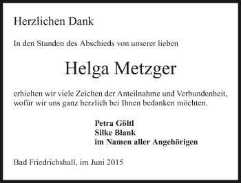 Traueranzeige von Helga Metzger 