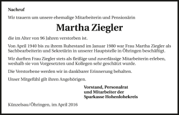 Traueranzeige von Martha Ziegler 