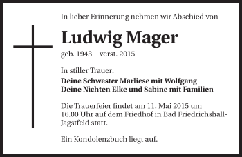 Traueranzeige von Ludwig Mager 