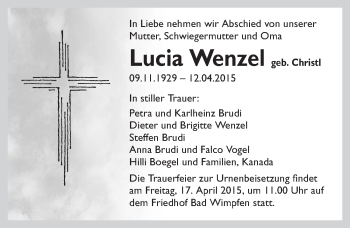 Traueranzeige von Lucia Wenzel 