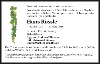 Traueranzeige von Hans Rössle 