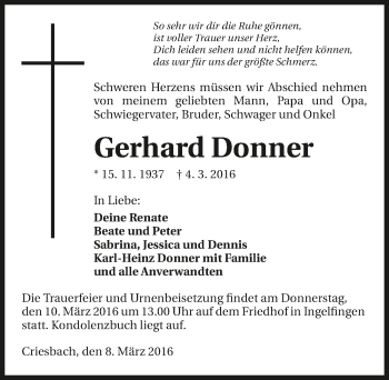 Traueranzeige von Gerhard Donner 
