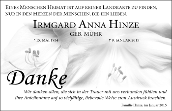 Traueranzeige von Irmgard Anna Hinze 