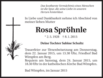 Traueranzeige von Rosa Spröhnle 