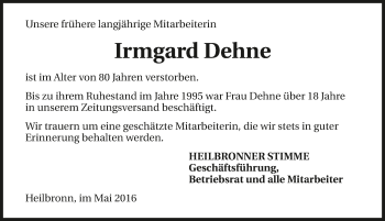 Traueranzeige von Irmgard Dehne 