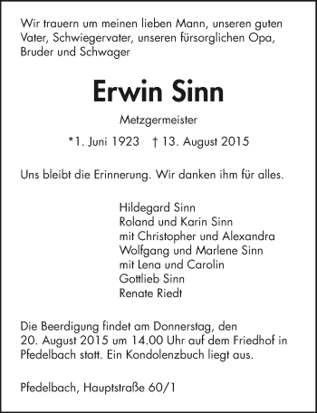 Traueranzeige von Erwin Sinn 