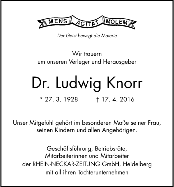 Traueranzeige von Ludwig Knorr 