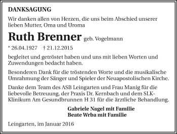 Traueranzeige von Ruth Brenner 