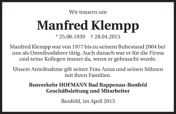 Traueranzeige von Manfred Klempp 