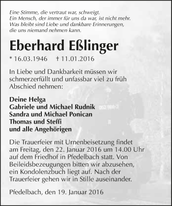 Traueranzeige von Eberhard Eßlinger 