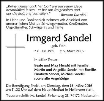 Traueranzeige von Irmgard Sandel 