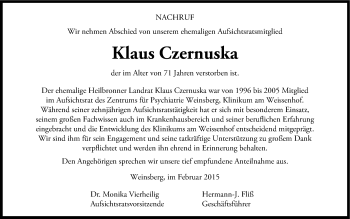 Traueranzeige von Klaus Czernuska 