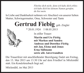 Traueranzeige von Gertrud Fiebig 