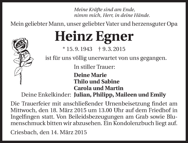  Traueranzeige für Heinz Egner vom 14.03.2015 aus 