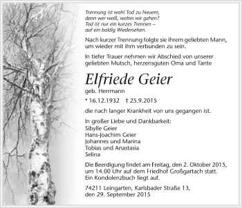 Traueranzeige von Elfriede Geier 