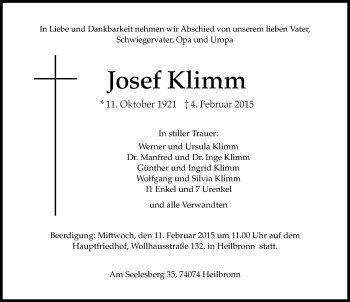 Traueranzeige von Josef Klimm 
