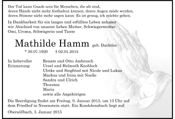 Traueranzeige von Mathilde Hamm 