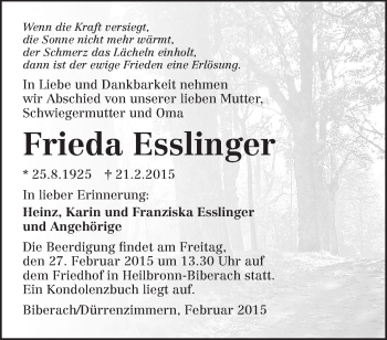 Traueranzeige von Frieda Esslinger 