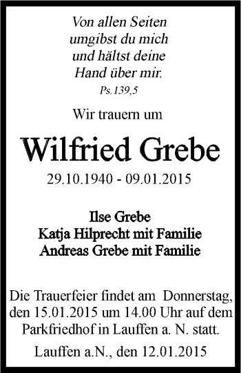 Traueranzeige von Wilfried Grebe 